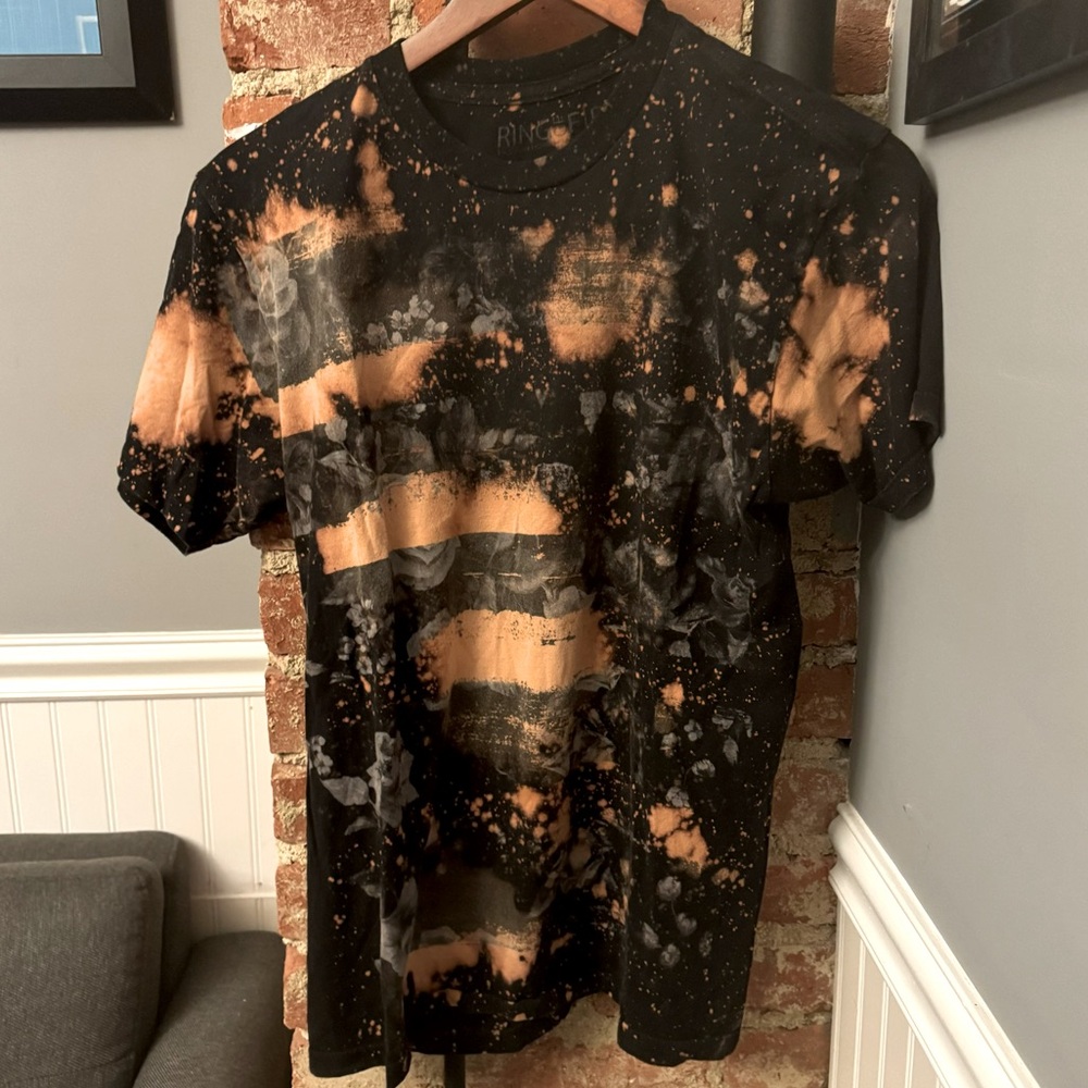 Ring Of Fire Downtown Los Angeles Unique Bleach Dyed Floral Black Cotton Tshirt